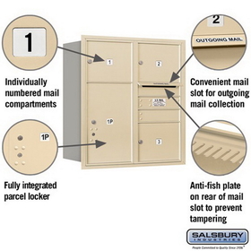 Salsbury Industries 3709D-03SRU Recessed Mounted 4C Horizontal Mailbox - 9 Door High Unit (34 Inches) - Double Column - 3 MB3 Doors / 1 PL6 - Sandstone - Rear Loading - USPS Access