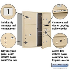 Salsbury Industries 3709D-04SFP Recessed Mounted 4C Horizontal Mailbox - 9 Door High Unit (34 Inches) - Double Column - 1 MB1 Door / 3 MB3 Doors / 1 PL6 - Sandstone - Front Loading - Private Access