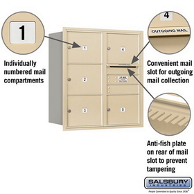 Salsbury Industries 3709D-05SRP Recessed Mounted 4C Horizontal Mailbox (Includes Master Commercial Lock)-9 Door High Unit (34 Inches)-Double Column-5 MB3 Doors-Sandstone-Rear Loading-Private Access