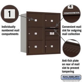 Salsbury Industries 3709D-05ZRP Recessed Mounted 4C Horizontal Mailbox (Includes Master Commercial Lock)-9 Door High Unit (34 Inches)-Double Column-5 MB3 Doors-Bronze-Rear Loading-Private Access