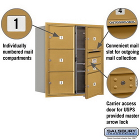 Salsbury Industries 3709D-06GFU Recessed Mounted 4C Horizontal Mailbox - 9 Door High Unit (34 Inches) - Double Column - 1 MB1 Door / 5 MB3 Doors - Gold - Front Loading - USPS Access