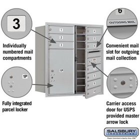 Salsbury Industries 3709D-10AFU Recessed Mounted 4C Horizontal Mailbox - 9 Door High Unit (34 Inches) - Double Column - 10 MB1 Doors / 1 PL6 - Aluminum - Front Loading - USPS Access