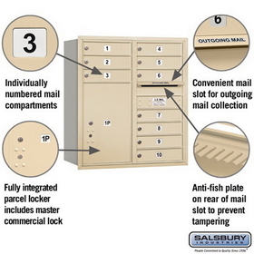 Salsbury Industries 3709D-10SRU Recessed Mounted 4C Horizontal Mailbox - 9 Door High Unit (34 Inches) - Double Column - 10 MB1 Doors / 1 PL6 - Sandstone - Rear Loading - USPS Access