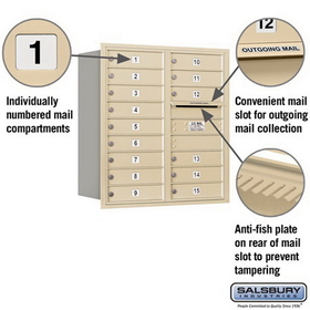 Salsbury Industries 3709D-15SRP Recessed Mounted 4C Horizontal Mailbox (Includes Master Commercial Lock)-9 Door High Unit (34 Inches)-Double Column-15 MB1 Doors-Sandstone-Rear Loading-Private Access