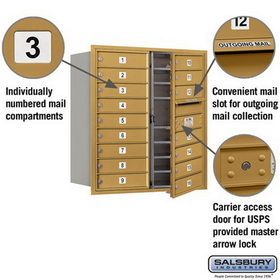 Salsbury Industries 3709D-16GFU Recessed Mounted 4C Horizontal Mailbox - 9 Door High Unit (34 Inches) - Double Column - 16 MB1 Doors - Gold - Front Loading - USPS Access