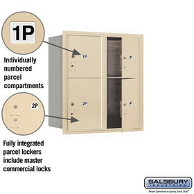 Salsbury Industries 3709D-4PSFP Recessed Mounted 4C Horizontal Mailbox-9 Door High Unit (34 Inches)-Double Column-Stand-Alone Parcel Locker-2 PL4