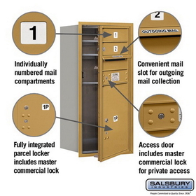 Salsbury Industries 3709S-02GFP Recessed Mounted 4C Horizontal Mailbox - 9 Door High Unit (34 Inches) - Single Column - 2 MB1 Doors / 1 PL5 - Gold - Front Loading - Private Access