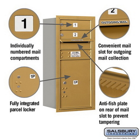 Salsbury Industries 3709S-02GRU Recessed Mounted 4C Horizontal Mailbox - 9 Door High Unit (34 Inches) - Single Column - 2 MB1 Doors / 1 PL5 - Gold - Rear Loading - USPS Access