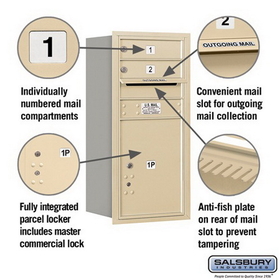 Salsbury Industries 3709S-02SRP Recessed Mounted 4C Horizontal Mailbox - 9 Door High Unit (34 Inches) - Single Column - 2 MB1 Doors / 1 PL5 - Sandstone - Rear Loading - Private Access