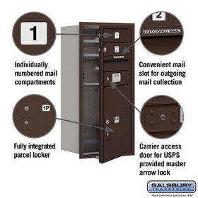 Salsbury Industries 3709S-02ZFU Recessed Mounted 4C Horizontal Mailbox - 9 Door High Unit (34 Inches) - Single Column - 2 MB1 Doors / 1 PL5 - Bronze - Front Loading - USPS Access