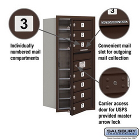 Salsbury Industries 3709S-07ZFU Recessed Mounted 4C Horizontal Mailbox - 9 Door High Unit (34 Inches) - Single Column - 7 MB1 Doors - Bronze - Front Loading - USPS Access