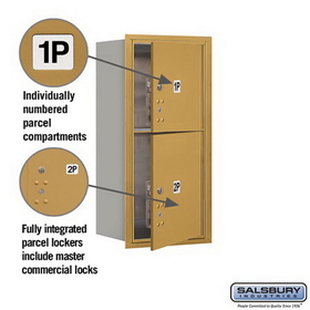 Salsbury Industries 3709S-2PGFP Recessed Mounted 4C Horizontal Mailbox-9 Door High Unit (34 Inches)-Single Column-Stand-Alone Parcel Locker-1 PL4 and 1 PL5-Gold-Front Loading-Private Access