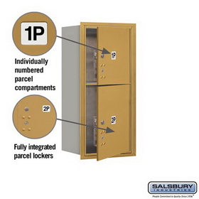 Salsbury Industries 3709S-2PGFU Recessed Mounted 4C Horizontal Mailbox-9 Door High Unit (34 Inches)-Single Column-Stand-Alone Parcel Locker-1 PL4 and 1 PL5-Gold-Front Loading-USPS Access