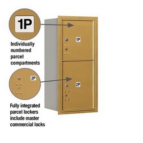 Salsbury Industries 3709S-2PGRP Recessed Mounted 4C Horizontal Mailbox-9 Door High Unit (34 Inches)-Single Column-Stand-Alone Parcel Locker-1 PL4 and 1 PL5-Gold-Rear Loading-Private Access