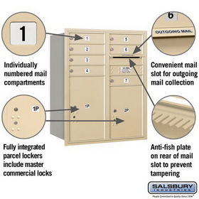 Salsbury Industries 3710D-07SRP Recessed Mounted 4C Horizontal Mailbox - 10 Door High Unit (37 1/2 Inches) - Double Column - 7 MB1 Doors / 1 PL5 and 1 PL6 - Sandstone - Rear Loading - Private Access