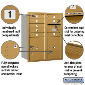 Salsbury Industries 3710D-08GRP Recessed Mounted 4C Horizontal Mailbox - 10 Door High Unit (37 1/2 Inches) - Double Column - 8 MB1 Doors / 2 PL5s - Gold - Rear Loading - Private Access