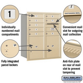 Salsbury Industries 3710D-08SRU Recessed Mounted 4C Horizontal Mailbox - 10 Door High Unit (37 1/2 Inches) - Double Column - 8 MB1 Doors / 2 PL5s - Sandstone - Rear Loading - USPS Access