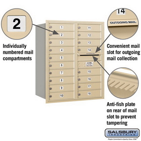 Salsbury Industries 3710D-18SRU Recessed Mounted 4C Horizontal Mailbox - 10 Door High Unit (37 1/2 Inches) - Double Column - 18 MB1 Doors - Sandstone - Rear Loading - USPS Access