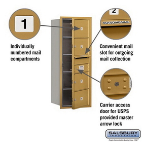 Salsbury Industries 3710S-04GFU Recessed Mounted 4C Horizontal Mailbox - 10 Door High Unit (37 1/2 Inches) - Single Column - 4 MB2 Doors - Gold - Front Loading - USPS Access