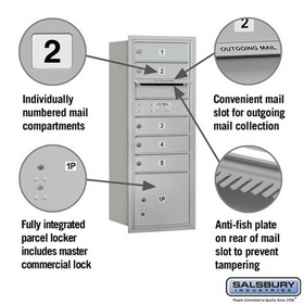 Salsbury Industries 3710S-05ARP Recessed Mounted 4C Horizontal Mailbox - 10 Door High Unit (37 1/2 Inches) - Single Column - 5 MB1 Doors / 1 PL3 - Aluminum - Rear Loading - Private Access