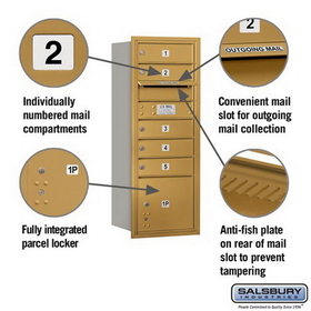 Salsbury Industries 3710S-05GRU Recessed Mounted 4C Horizontal Mailbox - 10 Door High Unit (37 1/2 Inches) - Single Column - 5 MB1 Doors / 1 PL3 - Gold - Rear Loading - USPS Access