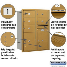 Salsbury Industries 3711D-05GRP Recessed Mounted 4C Horizontal Mailbox - 11 Door High Unit (41 Inches) - Double Column - 5 MB2 Doors / 2 PL5s - Gold - Rear Loading - Private Access