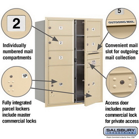 Salsbury Industries 3711D-05SFP Recessed Mounted 4C Horizontal Mailbox - 11 Door High Unit (41 Inches) - Double Column - 5 MB2 Doors / 2 PL5s - Sandstone - Front Loading - Private Access