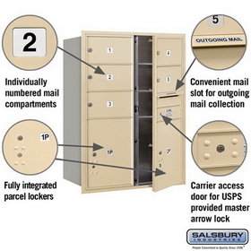 Salsbury Industries 3711D-05SFU Recessed Mounted 4C Horizontal Mailbox - 11 Door High Unit (41 Inches) - Double Column - 5 MB2 Doors / 2 PL5s - Sandstone - Front Loading - USPS Access