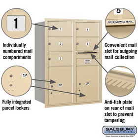 Salsbury Industries 3711D-05SRU Recessed Mounted 4C Horizontal Mailbox - 11 Door High Unit (41 Inches) - Double Column - 5 MB2 Doors / 2 PL5s - Sandstone - Rear Loading - USPS Access
