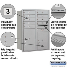 Salsbury Industries 3711D-09ARP Recessed Mounted 4C Horizontal Mailbox - 11 Door High Unit (41 Inches) - Double Column - 9 MB1 Door / 1 PL5 and 1 PL6 - Aluminum - Rear Loading - Private Access
