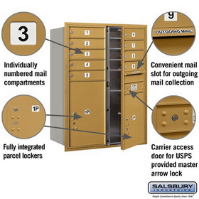 Salsbury Industries 3711D-09GFU Recessed Mounted 4C Horizontal Mailbox - 11 Door High Unit (41 Inches) - Double Column - 9 MB1 Door / 1 PL5 and 1 PL6 - Gold - Front Loading - USPS Access