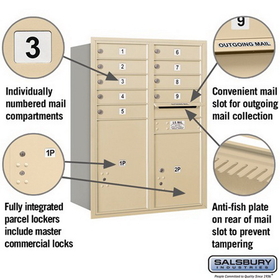 Salsbury Industries 3711D-09SRP Recessed Mounted 4C Horizontal Mailbox - 11 Door High Unit (41 Inches) - Double Column - 9 MB1 Door / 1 PL5 and 1 PL6 - Sandstone - Rear Loading - Private Access