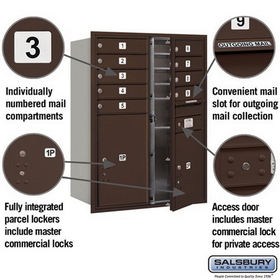 Salsbury Industries 3711D-09ZFP Recessed Mounted 4C Horizontal Mailbox - 11 Door High Unit (41 Inches) - Double Column - 9 MB1 Door / 1 PL5 and 1 PL6 - Bronze - Front Loading - Private Access