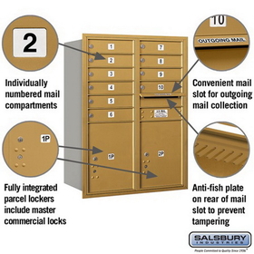 Salsbury Industries 3711D-10GRP Recessed Mounted 4C Horizontal Mailbox - 11 Door High Unit (41 Inches) - Double Column - 10 MB1 Doors / 2 PL5s - Gold - Rear Loading - Private Access
