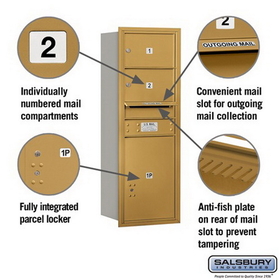 Salsbury Industries 3711S-02GRU Recessed Mounted 4C Horizontal Mailbox - 11 Door High Unit (41 Inches) - Single Column - 2 MB2 Doors / 1 PL5 - Gold - Rear Loading - USPS Access