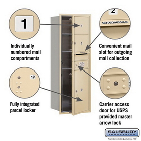 Salsbury Industries 3711S-02SFU Recessed Mounted 4C Horizontal Mailbox - 11 Door High Unit (41 Inches) - Single Column - 2 MB2 Doors / 1 PL5 - Sandstone - Front Loading - USPS Access