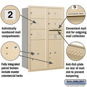 Salsbury Industries 3712D-05SRP Recessed Mounted 4C Horizontal Mailbox - 12 Door High Unit (44 1/2 Inches) - Double Column - 5 MB2 Doors / 2 PL6s - Sandstone - Rear Loading - Private Access
