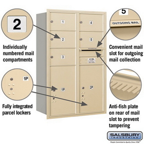 Salsbury Industries 3712D-05SRU Recessed Mounted 4C Horizontal Mailbox - 12 Door High Unit (44 1/2 Inches) - Double Column - 5 MB2 Doors / 2 PL6s - Sandstone - Rear Loading - USPS Access