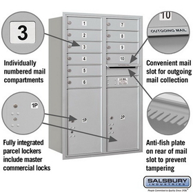 Salsbury Industries 3712D-10ARP Recessed Mounted 4C Horizontal Mailbox - 12 Door High Unit (44 1/2 Inches) - Double Column - 10 MB1 Doors / 2 PL6s - Aluminum - Rear Loading - Private Access