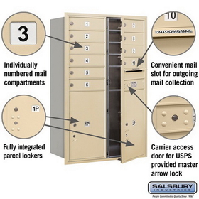 Salsbury Industries 3712D-10SFU Recessed Mounted 4C Horizontal Mailbox - 12 Door High Unit (44 1/2 Inches) - Double Column - 10 MB1 Doors / 2 PL6s - Sandstone - Front Loading - USPS Access