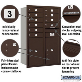 Salsbury Industries 3712D-10ZRP Recessed Mounted 4C Horizontal Mailbox - 12 Door High Unit (44 1/2 Inches) - Double Column - 10 MB1 Doors / 2 PL6s - Bronze - Rear Loading - Private Access