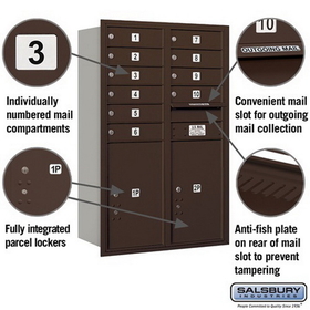 Salsbury Industries 3712D-10ZRU Recessed Mounted 4C Horizontal Mailbox - 12 Door High Unit (44 1/2 Inches) - Double Column - 10 MB1 Doors / 2 PL6s - Bronze - Rear Loading - USPS Access