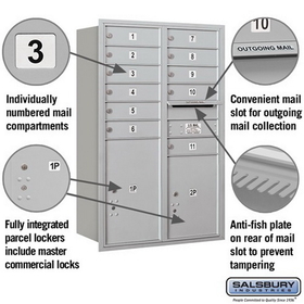 Salsbury Industries 3712D-11ARP Recessed Mounted 4C Horizontal Mailbox - 12 Door High Unit (44 1/2 Inches) - Double Column - 11 MB1 Doors / 1 PL5 and 1 PL6 - Aluminum - Rear Loading - Private Access