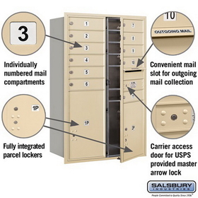 Salsbury Industries 3712D-11SFU Recessed Mounted 4C Horizontal Mailbox - 12 Door High Unit (44 1/2 Inches) - Double Column - 11 MB1 Doors / 1 PL5 and 1 PL6 - Sandstone - Front Loading - USPS Access