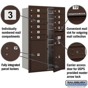 Salsbury Industries 3712D-11ZFU Recessed Mounted 4C Horizontal Mailbox - 12 Door High Unit (44 1/2 Inches) - Double Column - 11 MB1 Doors / 1 PL5 and 1 PL6 - Bronze - Front Loading - USPS Access