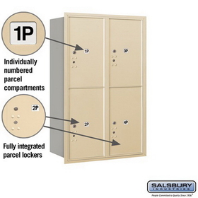 Salsbury Industries 3712D-4PSRU Recessed Mounted 4C Horizontal Mailbox-12 Door High Unit (44 1/2 Inches)-Double Column-Stand-Alone Parcel Locker-4 PL6
