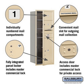 Salsbury Industries 3712S-02SFP Recessed Mounted 4C Horizontal Mailbox - 12 Door High Unit (44 1/2 Inches) - Single Column - 2 MB2 Doors / 1 PL6 - Sandstone - Front Loading - Private Access