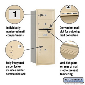 Salsbury Industries 3712S-02SRP Recessed Mounted 4C Horizontal Mailbox - 12 Door High Unit (44 1/2 Inches) - Single Column - 2 MB2 Doors / 1 PL6 - Sandstone - Rear Loading - Private Access