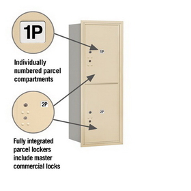 Salsbury Industries 3712S-2PSRP Recessed Mounted 4C Horizontal Mailbox-12 Door High Unit (44 1/2 Inches)-Single Column-Stand-Alone Parcel Locker-2 PL6s-Sandstone-Rear Loading-Private Access