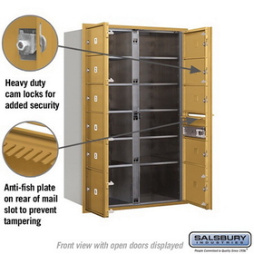 Salsbury Industries 3713D-11GFP Recessed Mounted 4C Horizontal Mailbox - 13 Door High Unit (48 Inches) - Double Column - 9 MB2 Doors / 2 MB3 Doors - Gold - Front Loading - Private Access